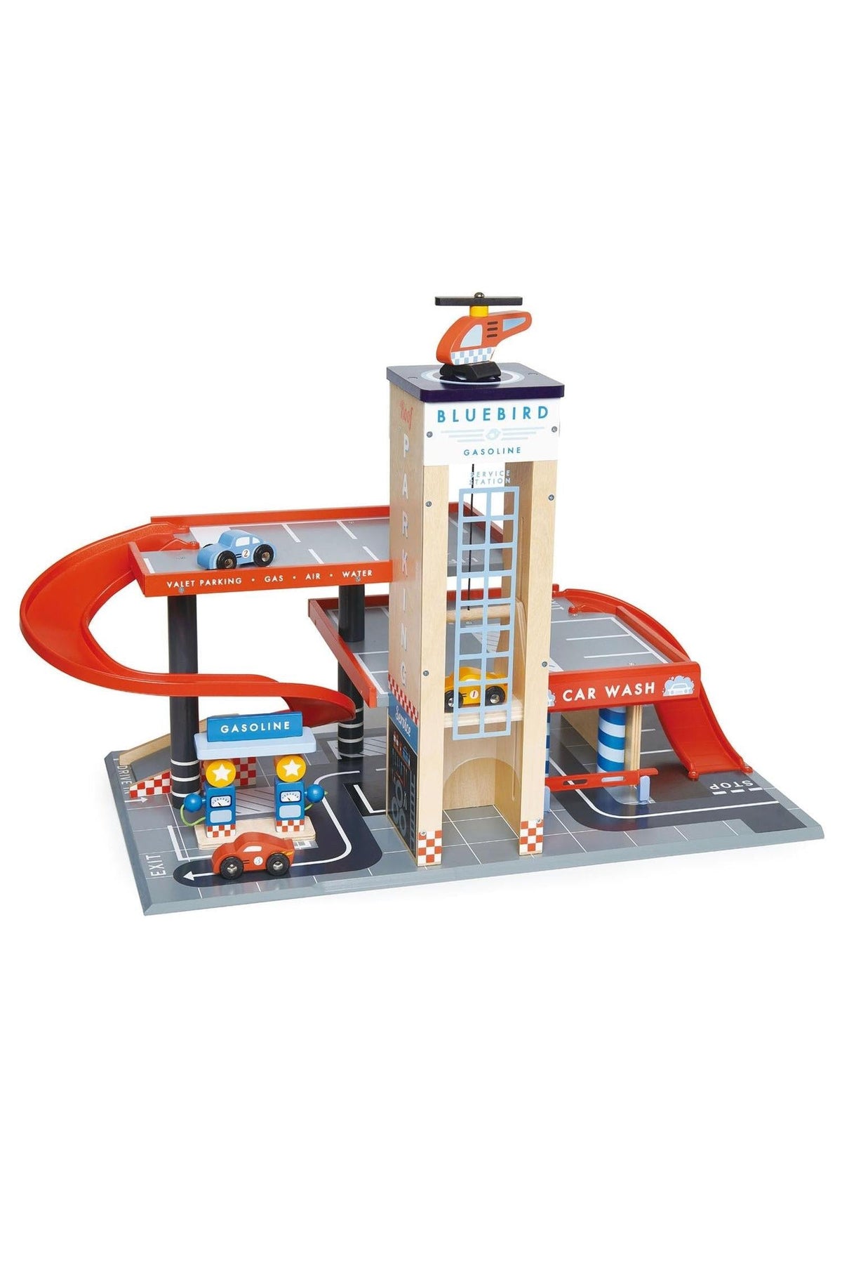 Colorful wooden service station playset with ramps, car wash, and a helipad, designed for imaginative play. Suitable for children.