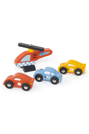 A colorful wooden helicopter and three cars in red, blue, and yellow, designed for imaginative play. Ideal for young children.