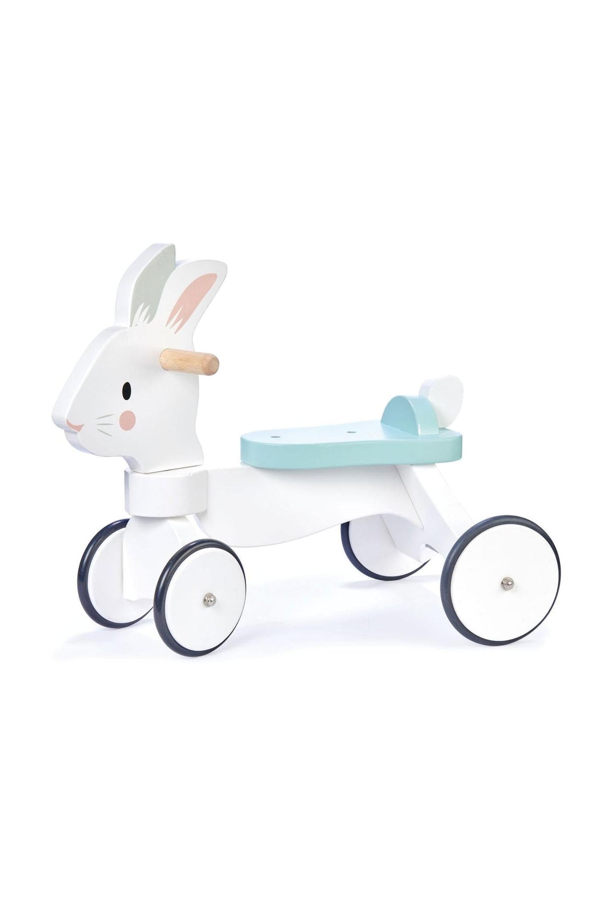 A cute white wooden ride-on toy shaped like a rabbit, featuring non-slip wheels and a mint green seat.