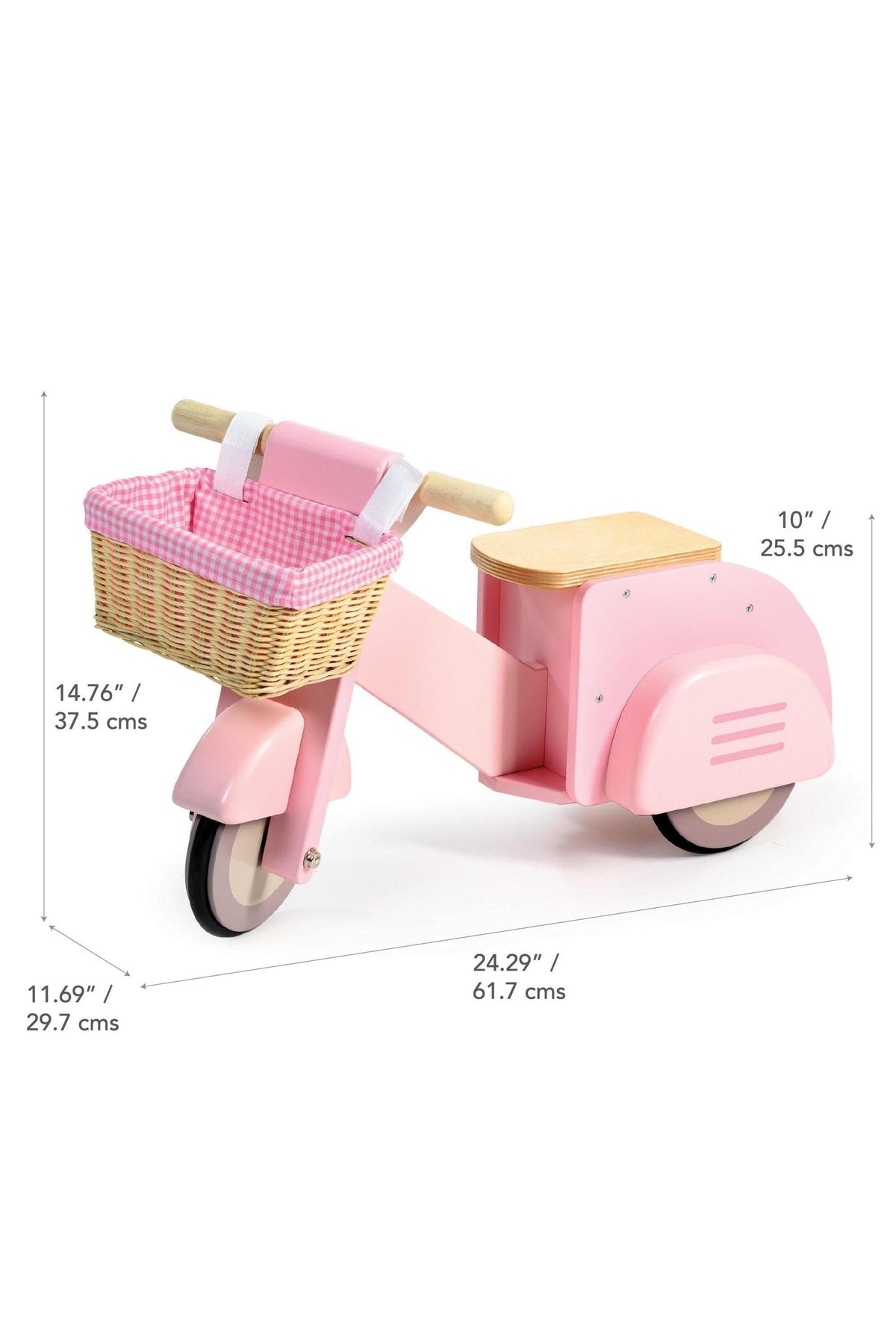 A pink wooden ride-on scooter features a wicker basket lined with pink gingham, designed for imaginative play. Ideal for children.