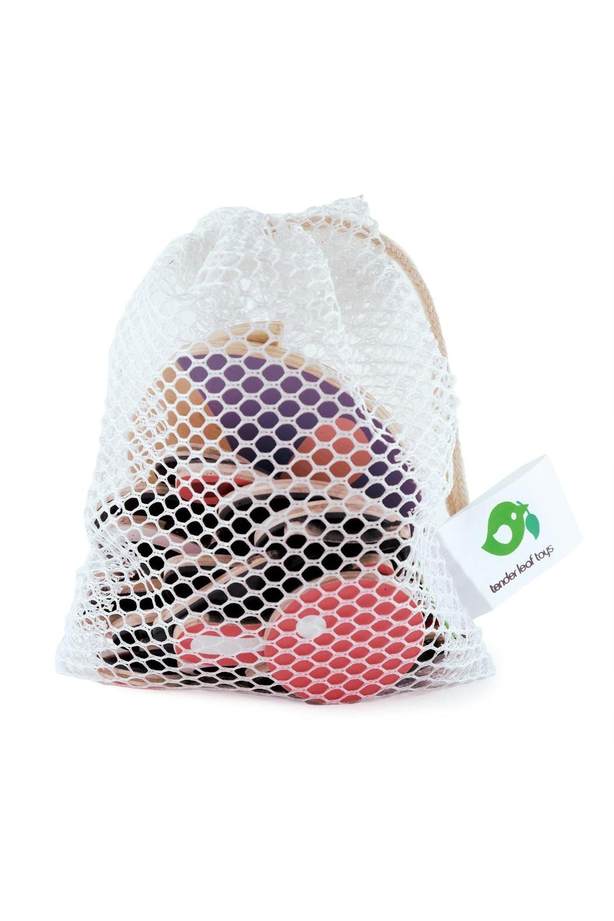 A mesh bag contains colorful wooden facial pieces from Tender Leaf Toys, showcasing a variety of shapes and expressions.