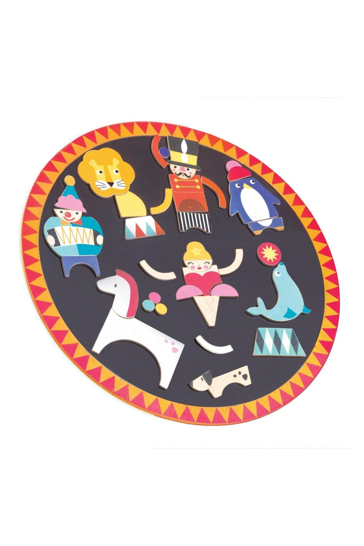 Colorful wooden circus characters are arranged on a circular board with a black background, featuring playful designs and patterns.