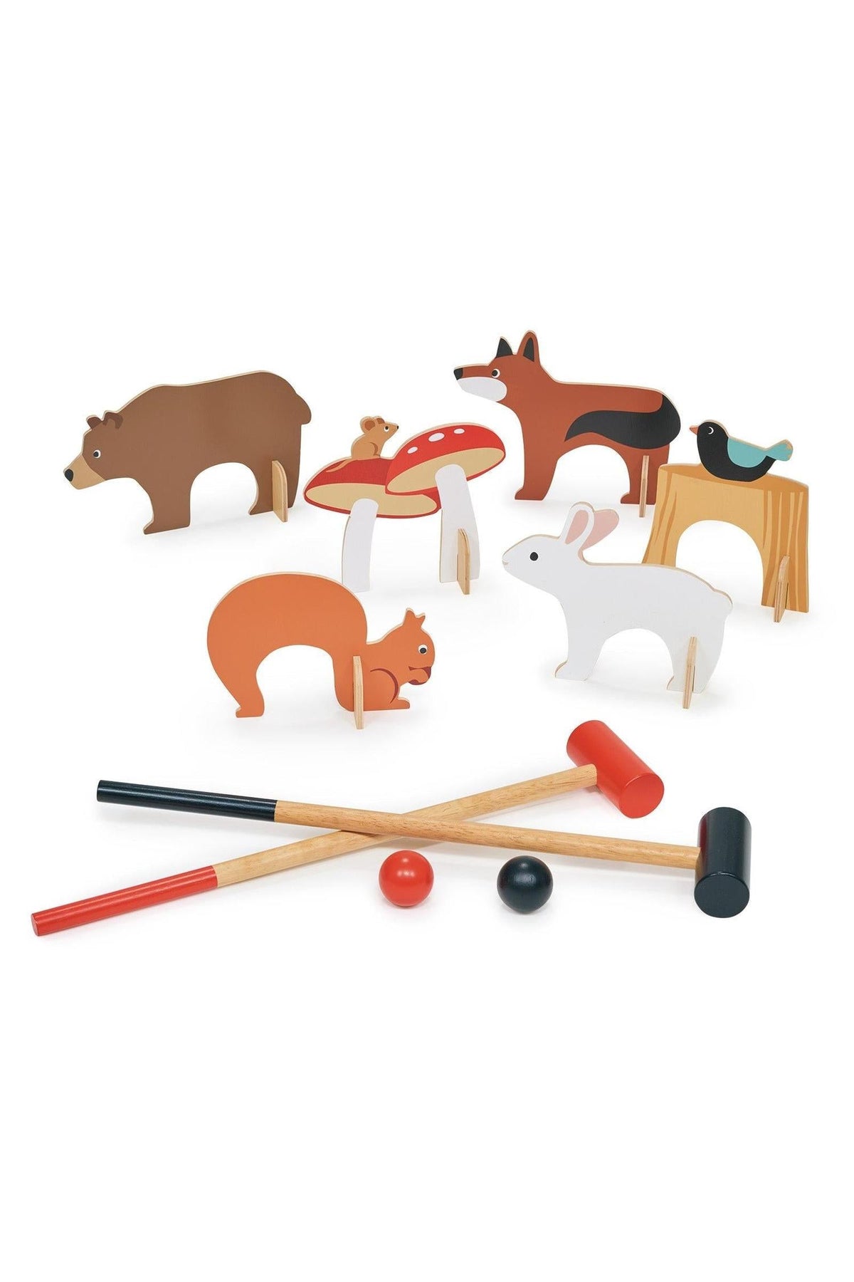 Wooden croquet set featuring colorful animal figures, including a bear, fox, and rabbit, with two wooden mallets and balls.