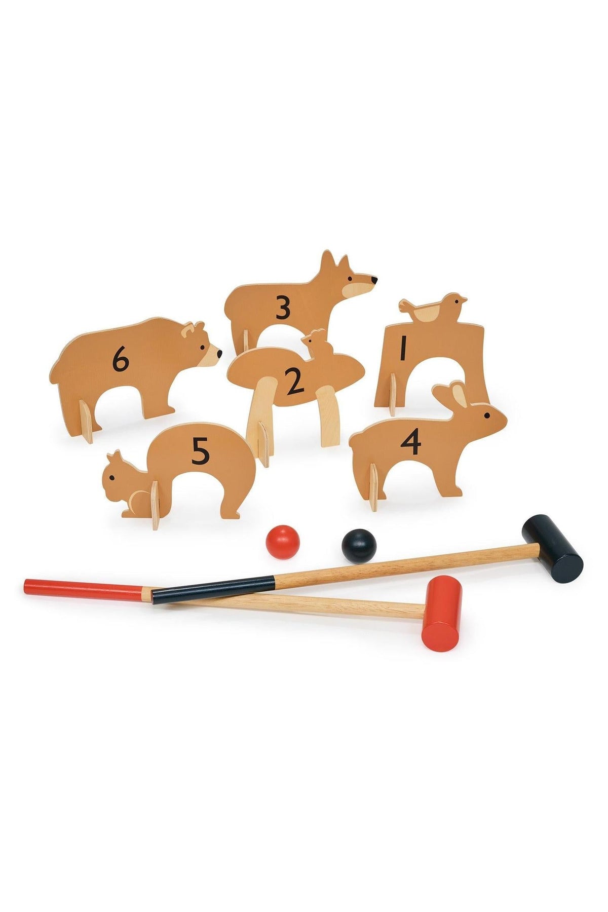 A colorful wooden croquet set featuring animal-shaped hoops, two mallets, and two balls, perfect for sustainable family play.