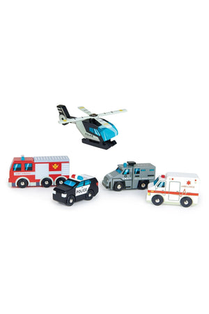A collection of five wooden toy vehicles, including a police car, ambulance, fire engine, S.W.A.T. vehicle, and a helicopter, all featuring vibrant colors and child-friendly designs. Ideal for imaginative play.