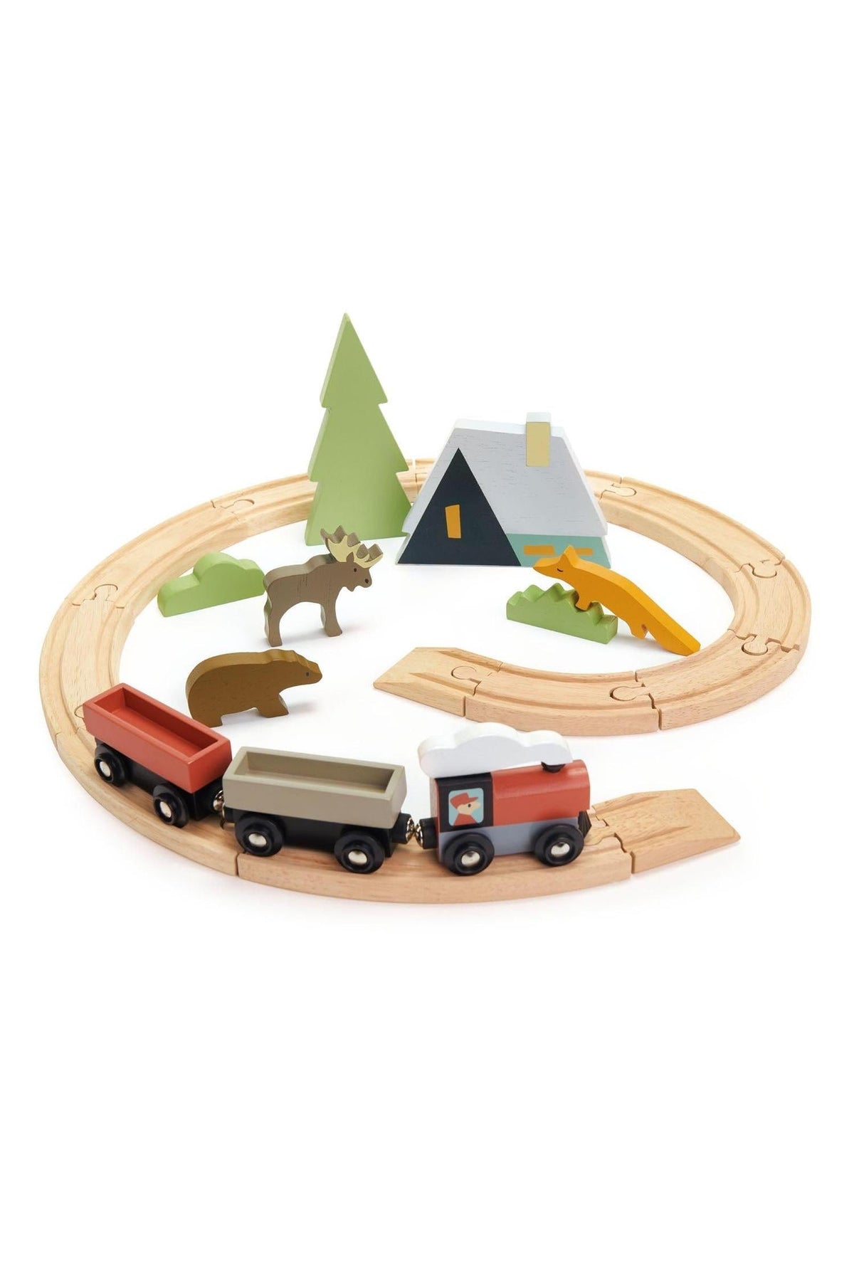 A colorful wooden train set features a red and gray train, two carriages, and various wooden animals and trees.