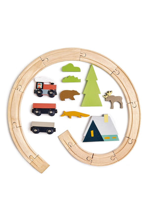Wooden train tracks with colorful animal figures, including a bear, moose, and fox, alongside a green tree and a tent.