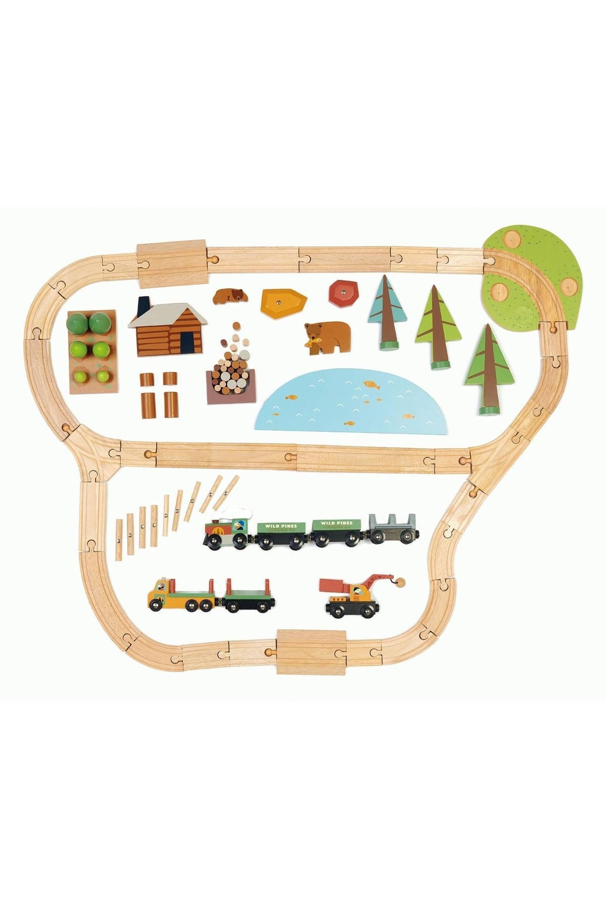 A colorful wooden train set layout features a curved track, various trees, logs, and two vehicles, including a logging truck and a loader.