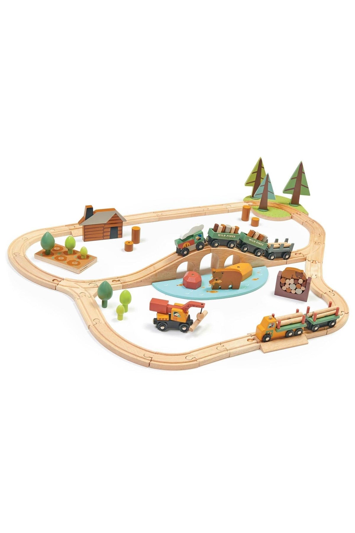 A colorful wooden train set features a winding track with a logging theme, including trees, a cabin, and vehicles transporting logs. Ideal for imaginative play, it encourages storytelling for children.