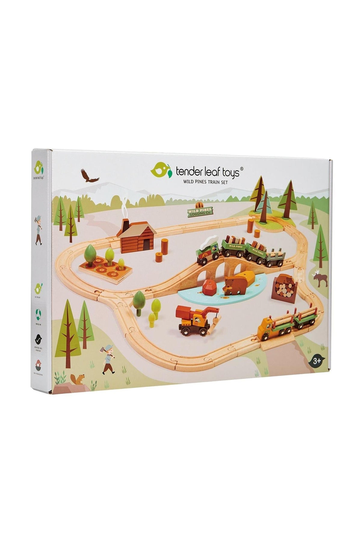 A colorful wooden train set from Tender Leaf Toys is displayed in a scenic forest setting, featuring an engine, carriages, and logging vehicles, ideal for imaginative play.