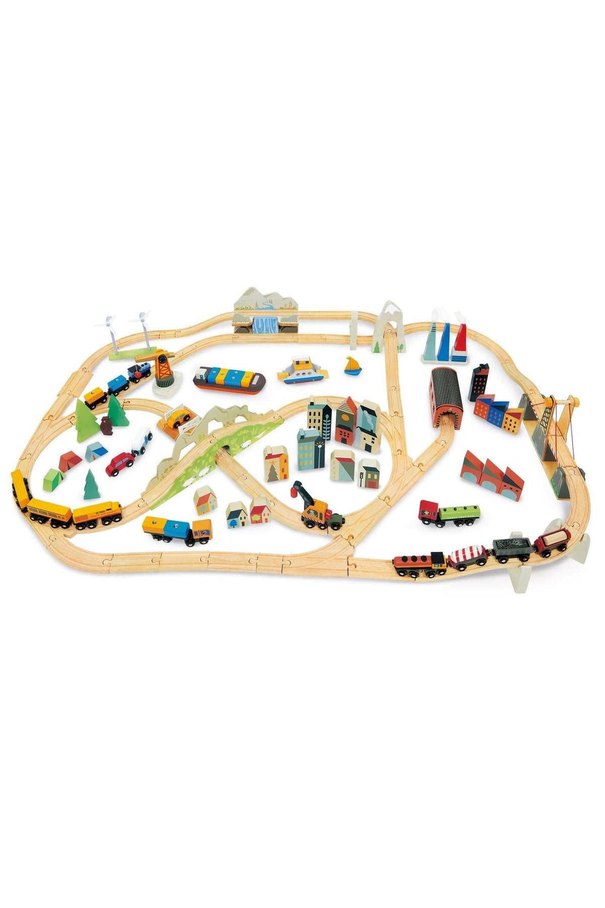 A colorful wooden train set featuring various track layouts, buildings, and vehicles. Made from sustainable materials, this set encourages creative play for children aged three and up.