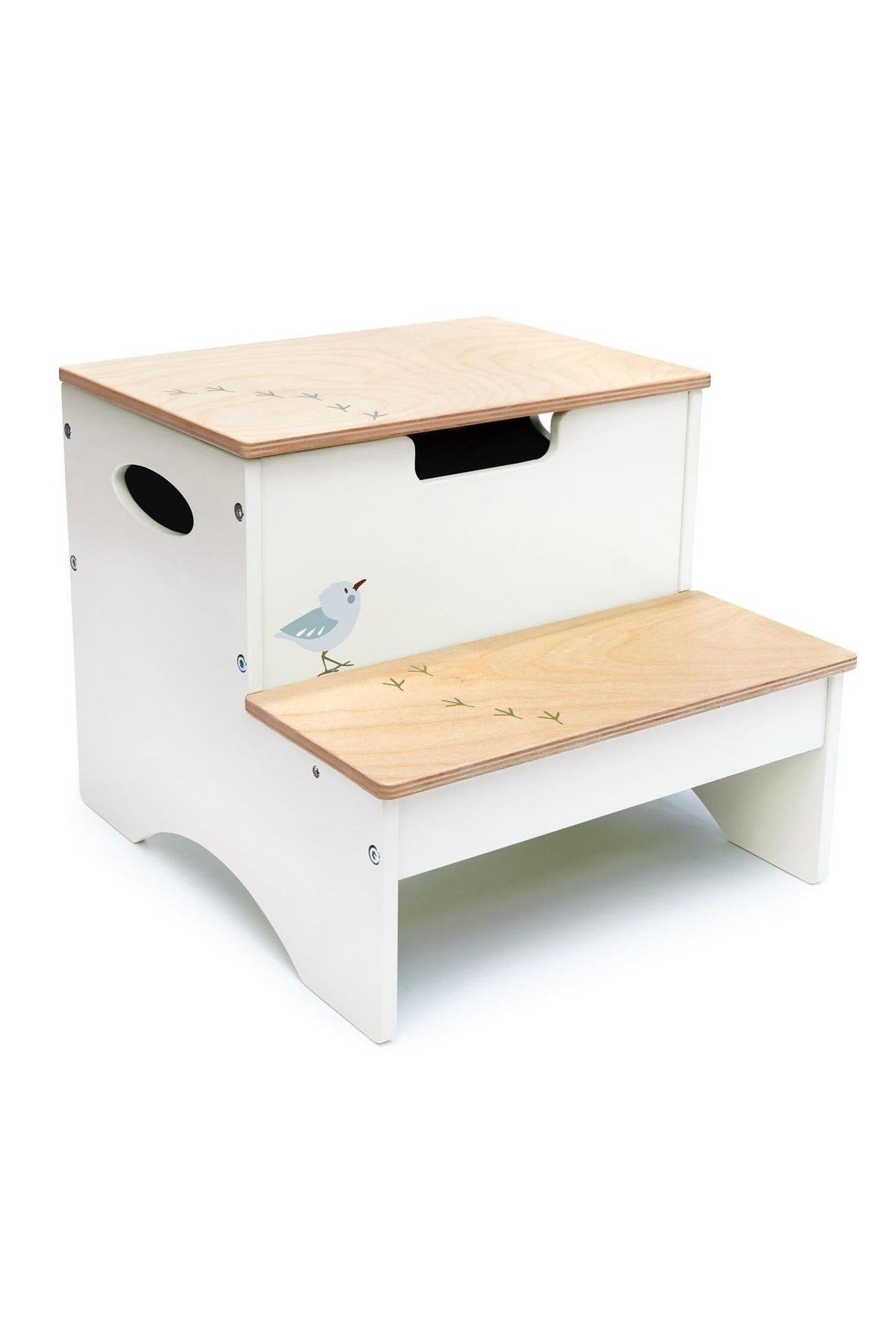 A two-step stool with a natural wood top and white body features a whimsical bird design. It offers easy-grip handles and a hidden storage compartment, ideal for toddlers.
