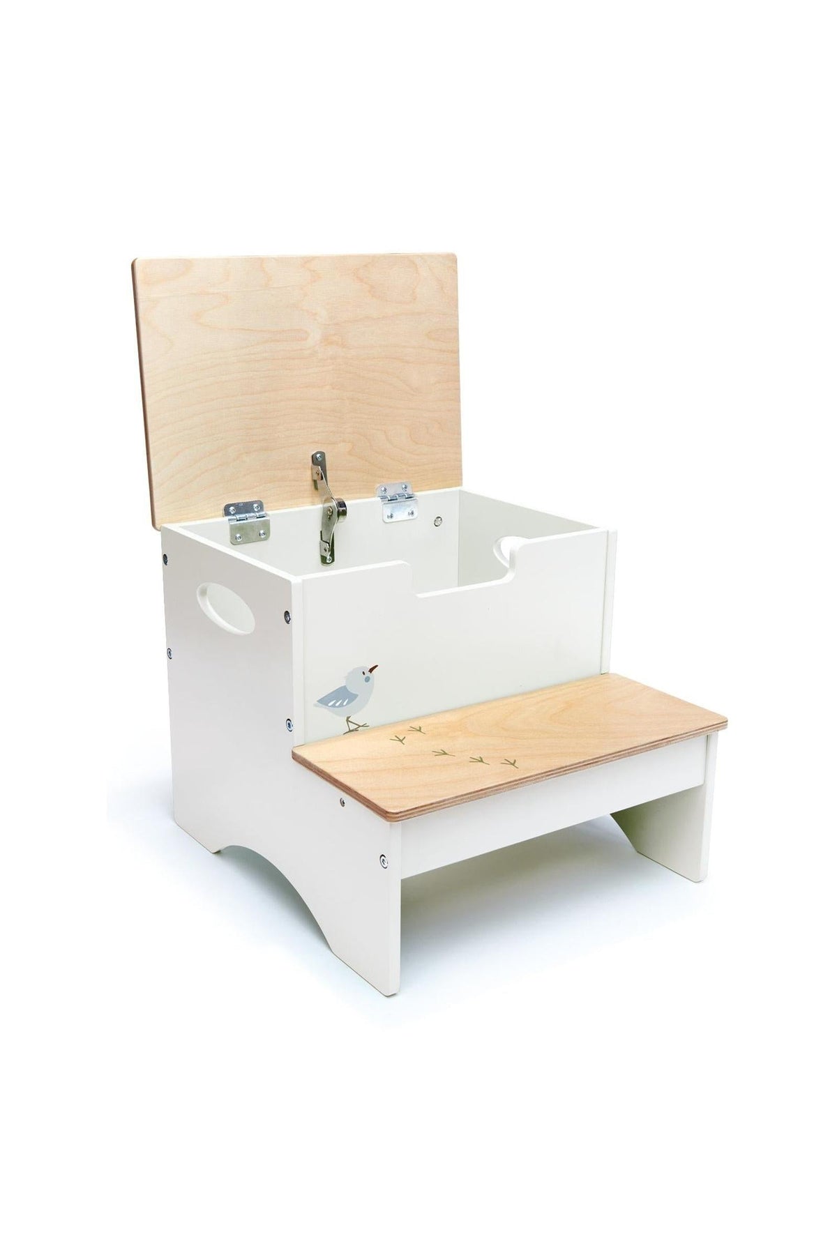 White wooden toddler stool with a natural wood top, featuring a hidden storage compartment and easy-grip handles. Decorated with a small bird illustration, its designed for young children.