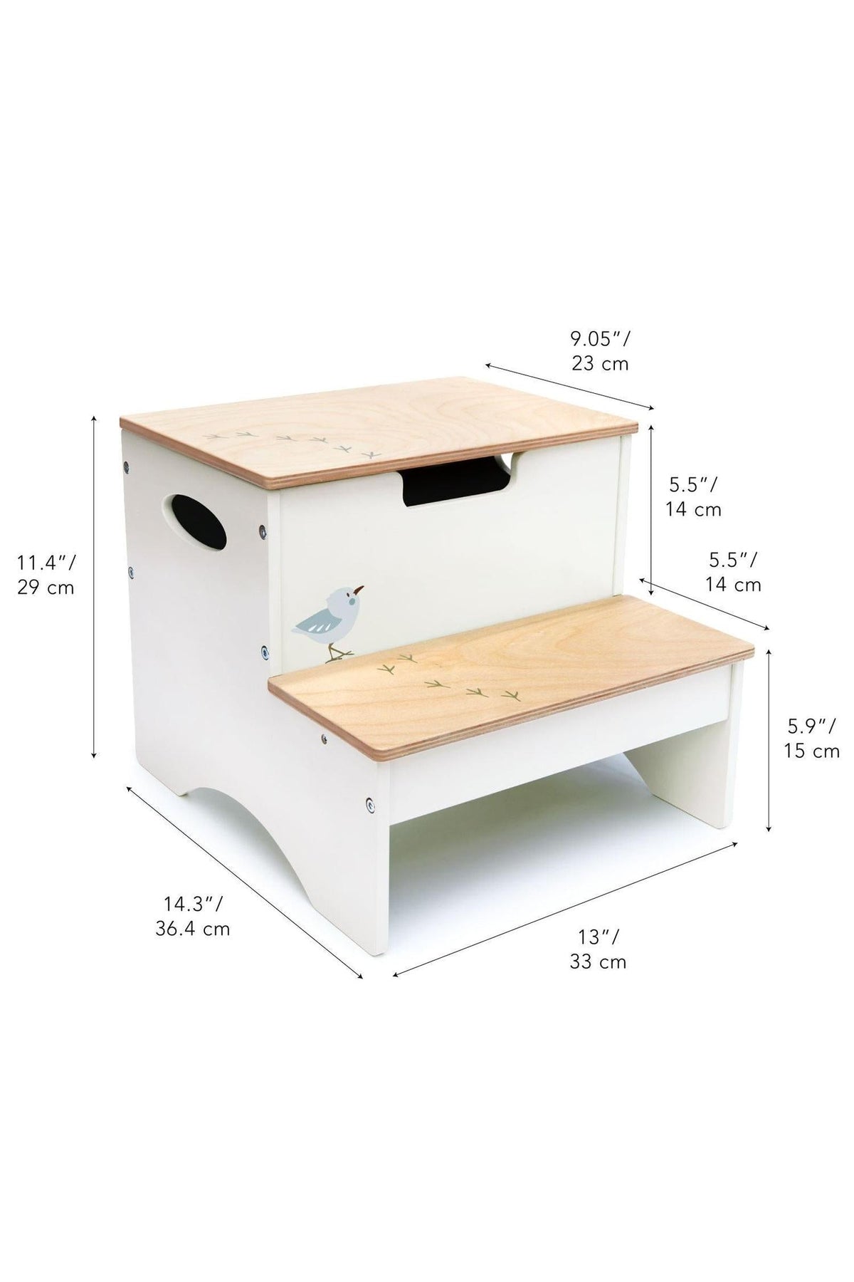 A two-tiered wooden step stool features a natural wood top and a white base, designed for toddlers with easy-grip handles and a hidden storage compartment. Ideal for reaching high places.