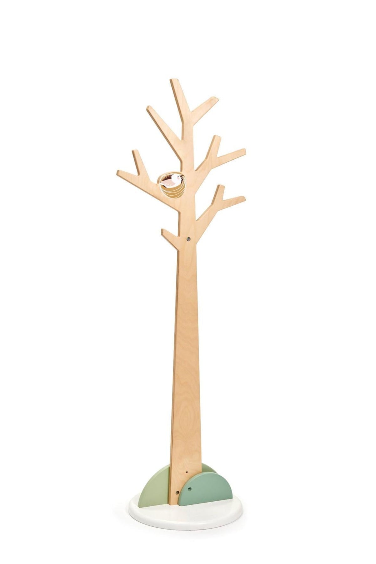 A wooden coat stand designed like a tree, featuring light wood branches and a circular base with green.