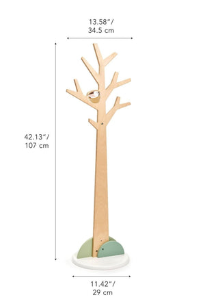 A wooden coat stand shaped like a tree, featuring a natural finish and colorful base, designed for toddlers. Measures 42.