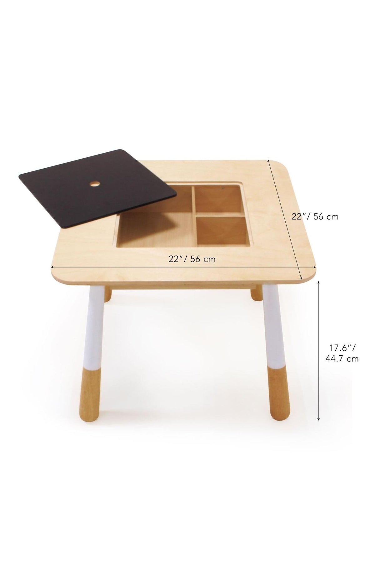 Natural wood toddler table with removable black chalkboard panel, revealing a storage compartment. Legs feature white accents.