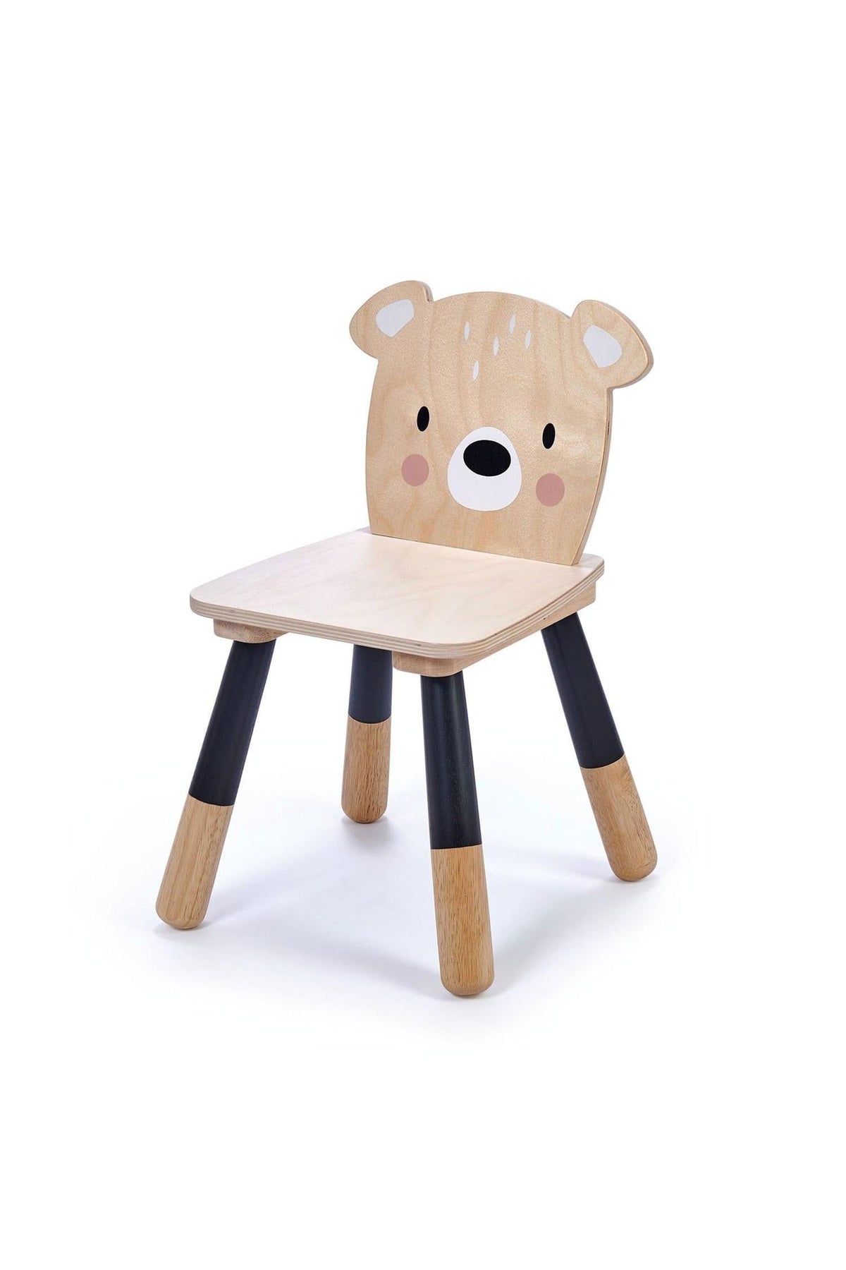 Bear-shaped wooden chair with a natural plywood seat and black legs, designed for toddlers aged 3 and up.