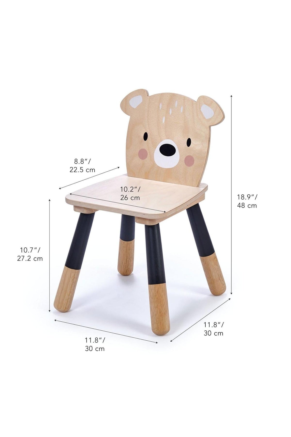 A wooden chair designed for toddlers features a bear face on the backrest, combining natural wood tones with black legs. Ideal for sustainable, family-friendly furniture settings.