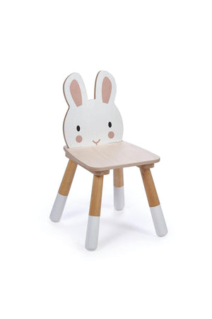 A cute rabbit-shaped chair with a wooden seat and legs, featuring a friendly face and white ears. Ideal for toddlers.