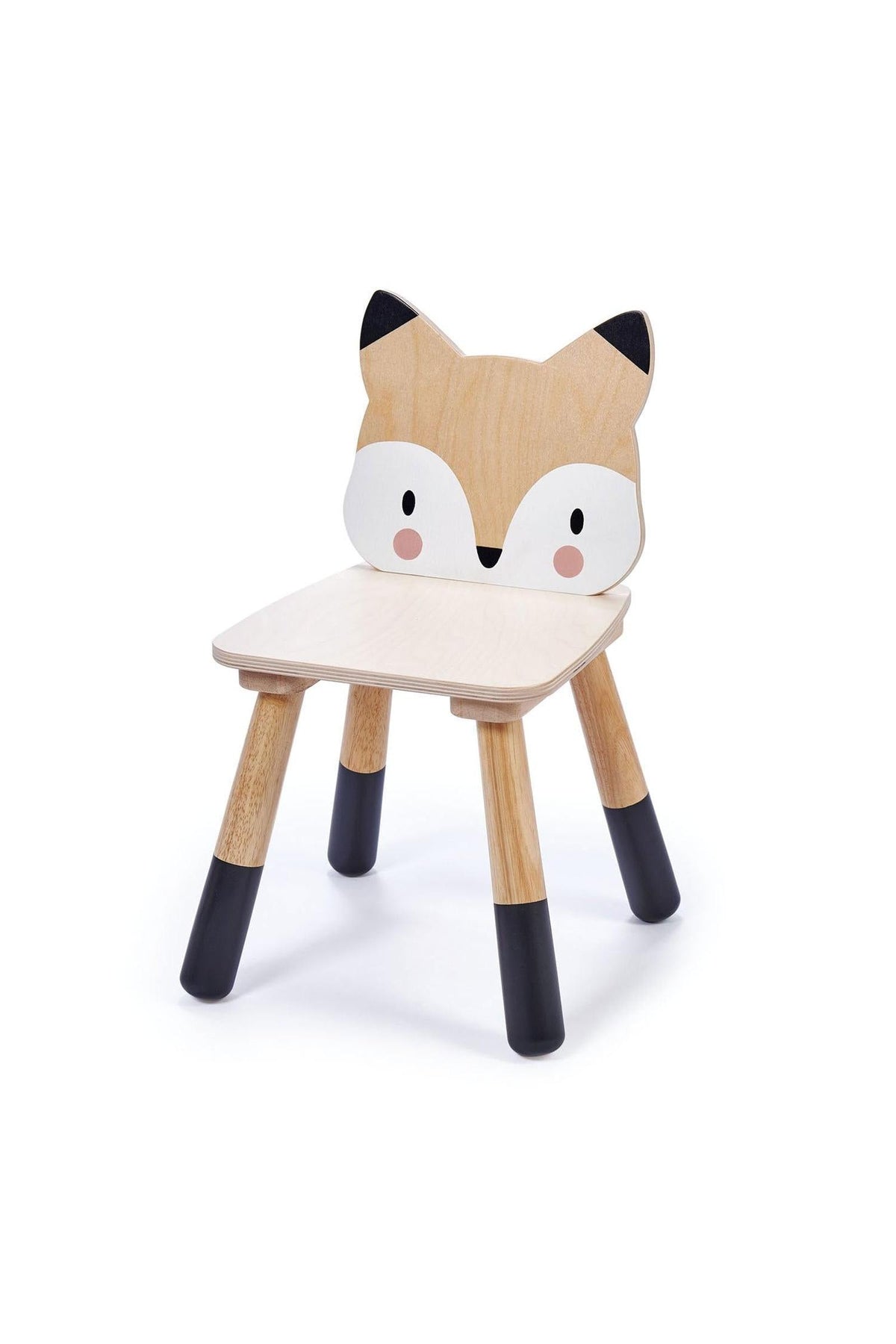 A whimsical toddler chair features a fox-shaped backrest, crafted from light wood with black-tipped legs.