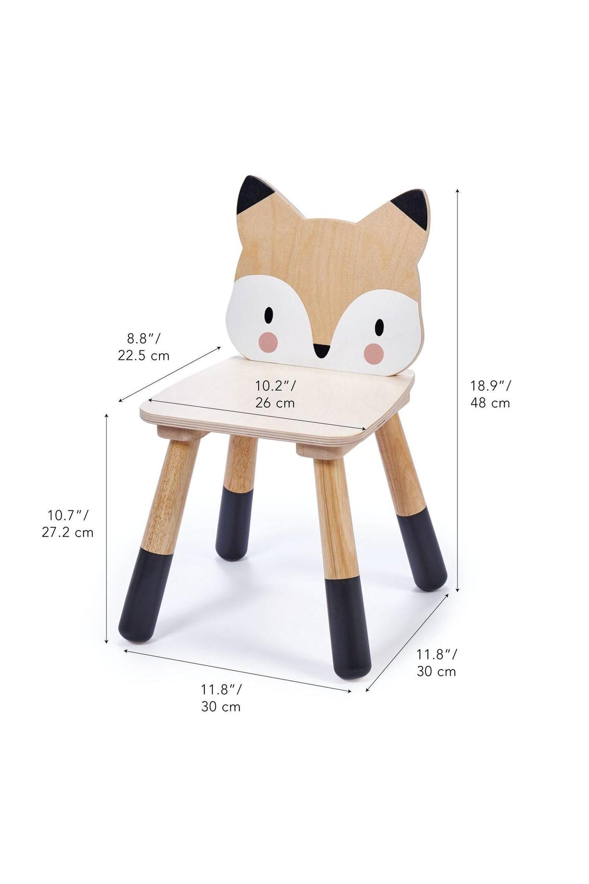 A wooden toddler chair features a fox-shaped backrest with a light wood finish, black legs, and dimensions for self-assembly.