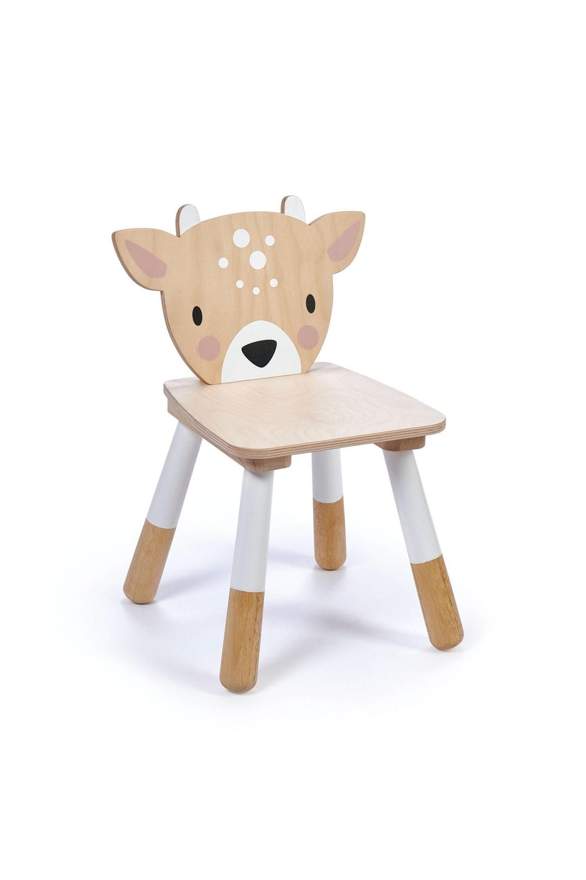 A wooden deer chair designed for toddlers features a cute deer face on the backrest, with a natural plywood finish and white legs, perfect for enhancing childrens play areas.