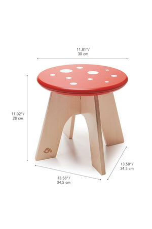 Red and white polka-dotted wooden stool with four sturdy legs, designed for toddlers and sustainably crafted for durability.