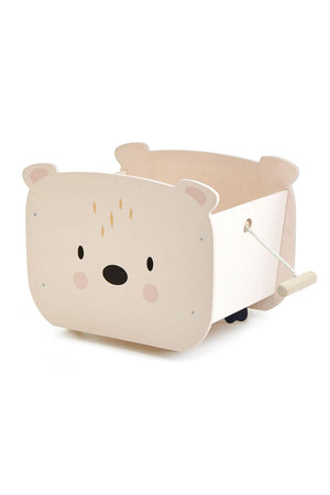 Wooden pull-along bear cart with a friendly face, featuring a spacious compartment and sturdy wheels for safe play.