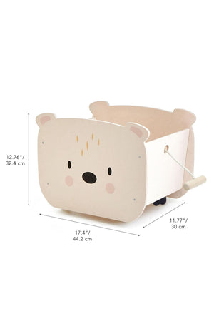 A wooden pull-along bear cart featuring a cute polar bear face, measuring 17.4 x 11.77 x 12.76 inches.
