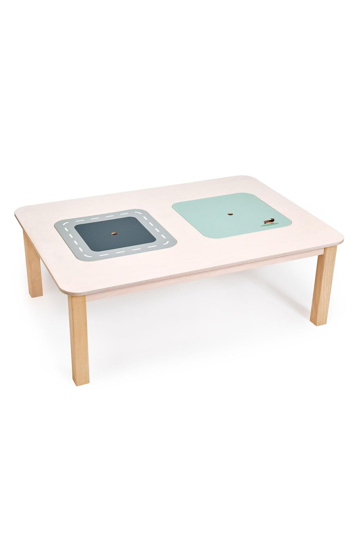 A spacious, light-colored wooden play table features two reversible lids—one with a road design and the other a soft green patch, perfect for toddlers imaginative play.