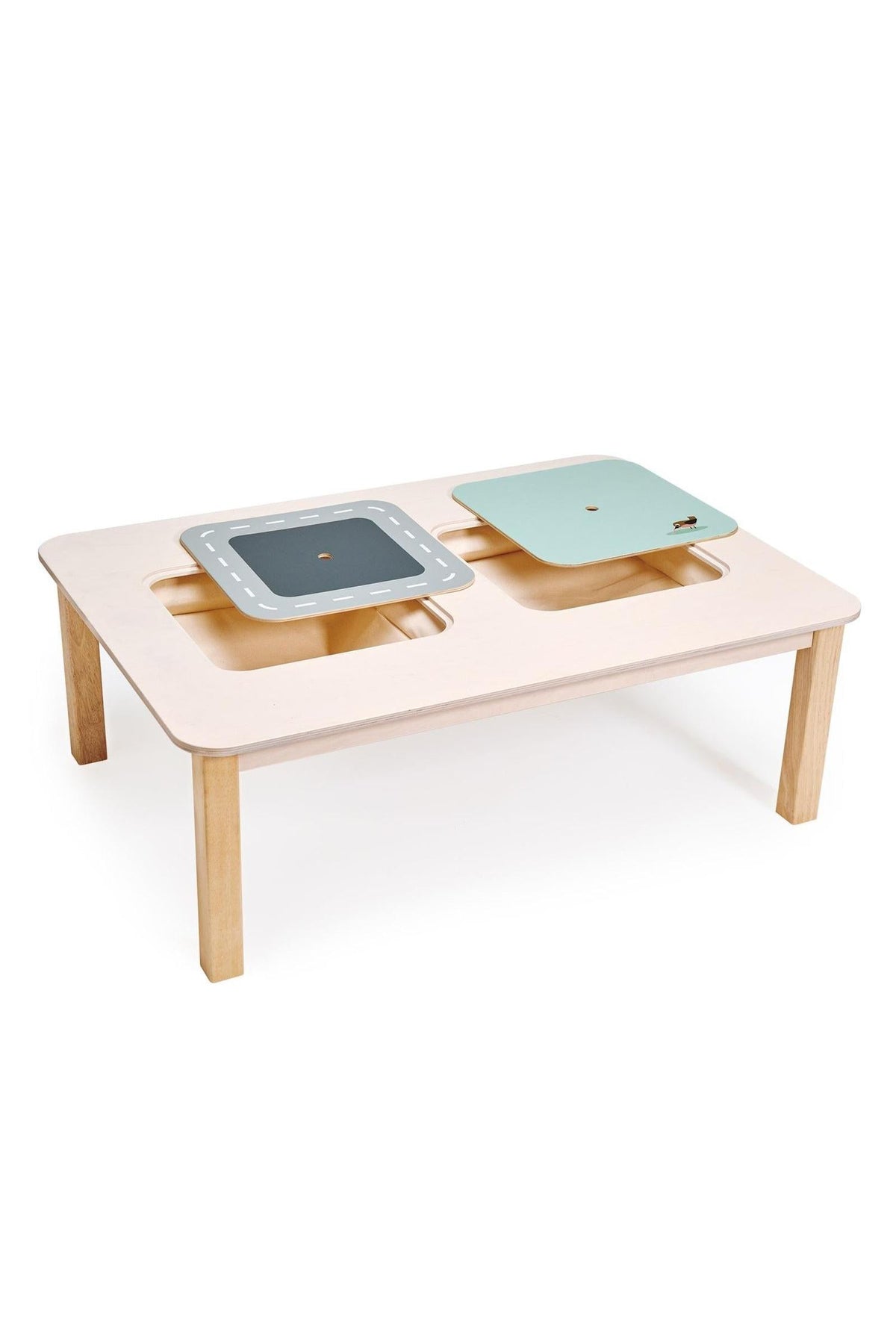 A light wooden play table features two removable lids, one with a road design and the other in soft green. Ideal for toddlers, it encourages creative tabletop activities.