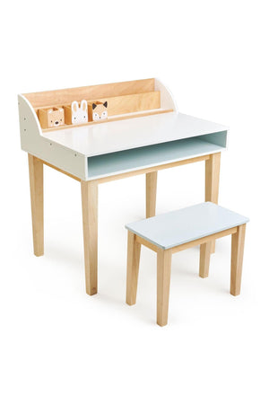A light blue and white wooden desk with a matching stool sits on natural wood legs, featuring three cute animal-shaped wooden pen pots on the backrest.