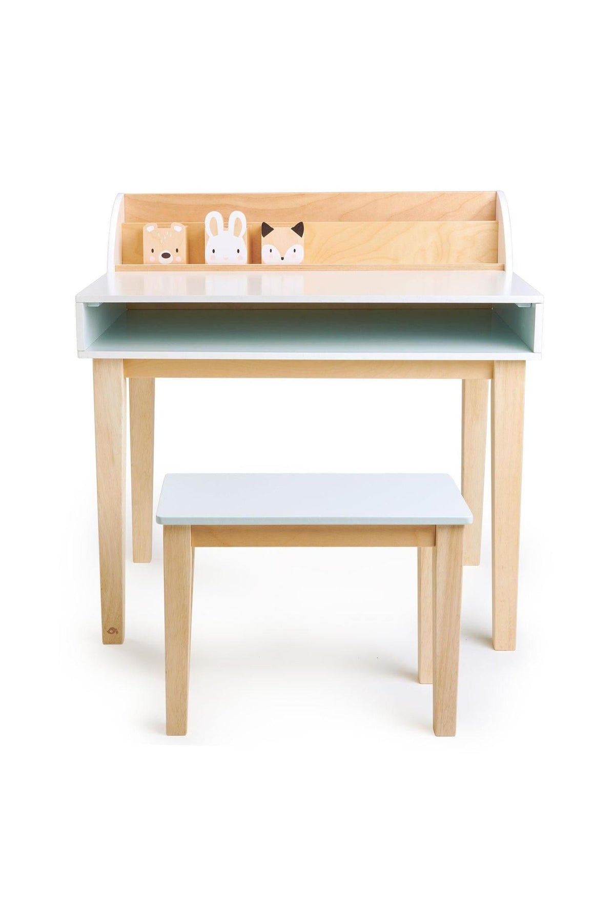 A wooden desk and chair set for toddlers features a natural wood finish with a white tabletop.