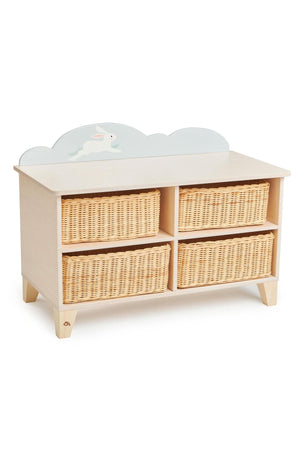 Wooden storage unit with four wicker baskets, bunny motif on back panel, suitable for childrens rooms.