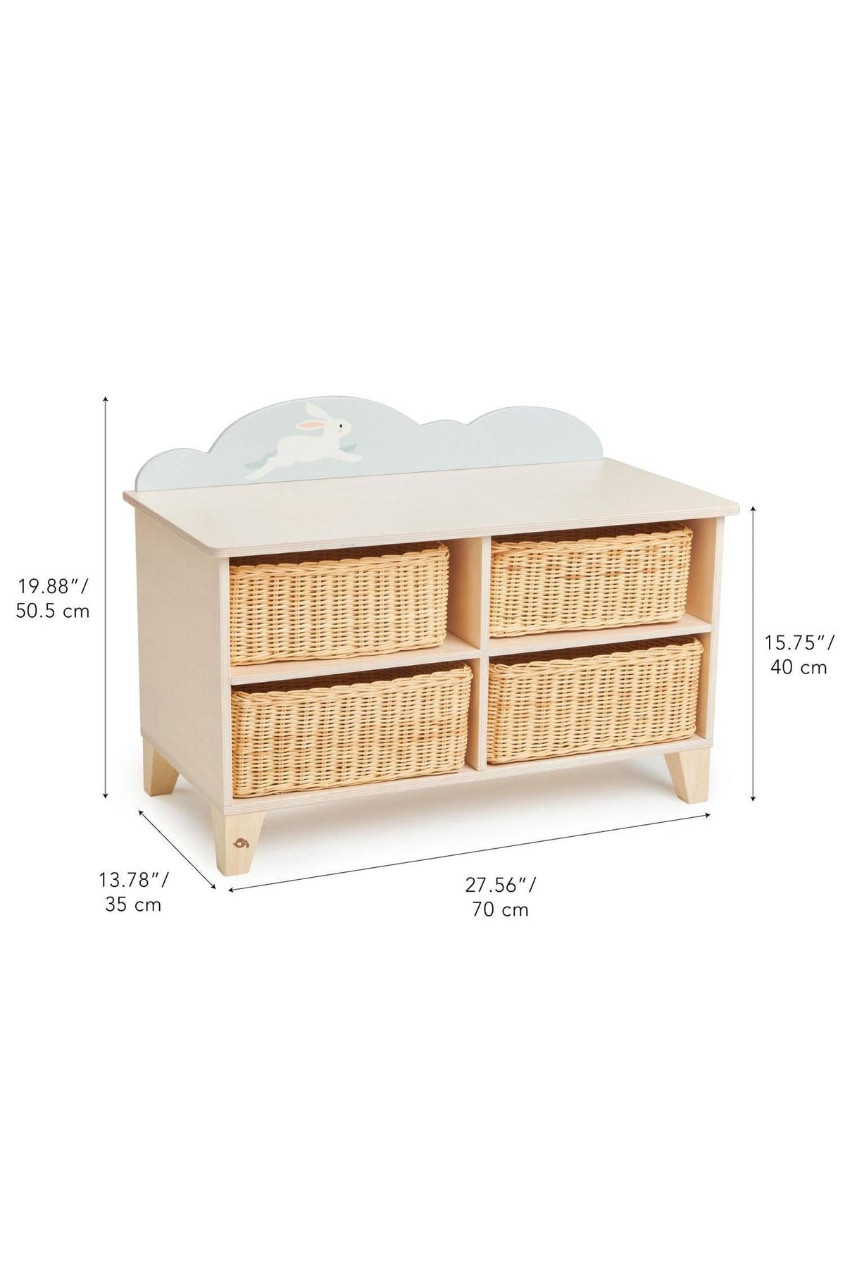 Tender Leaf Wooden Toy storage unit with four wicker baskets and a bunny design, ideal for toddler rooms.