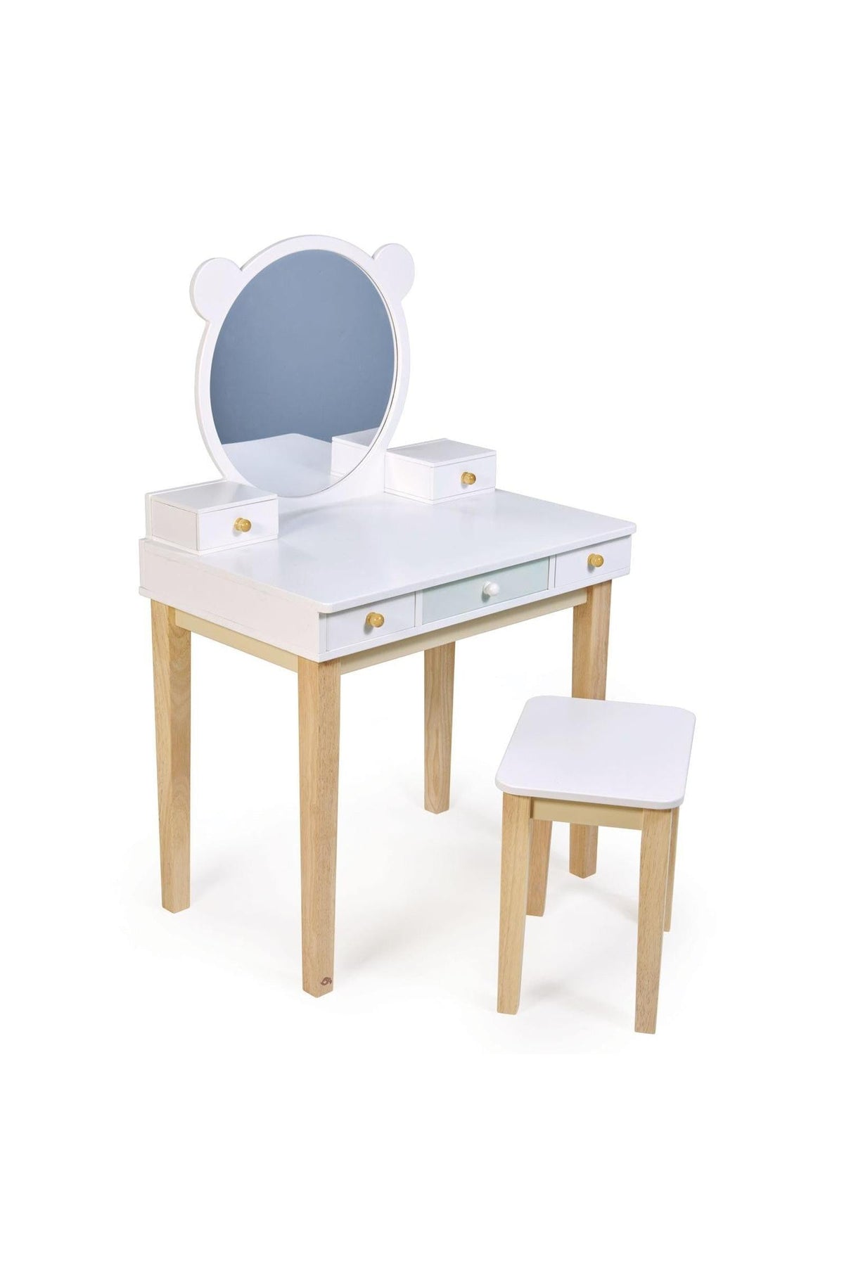 A white wooden dressing table with a round mirror and bear ears, accompanied by a matching stool, designed for toddlers.