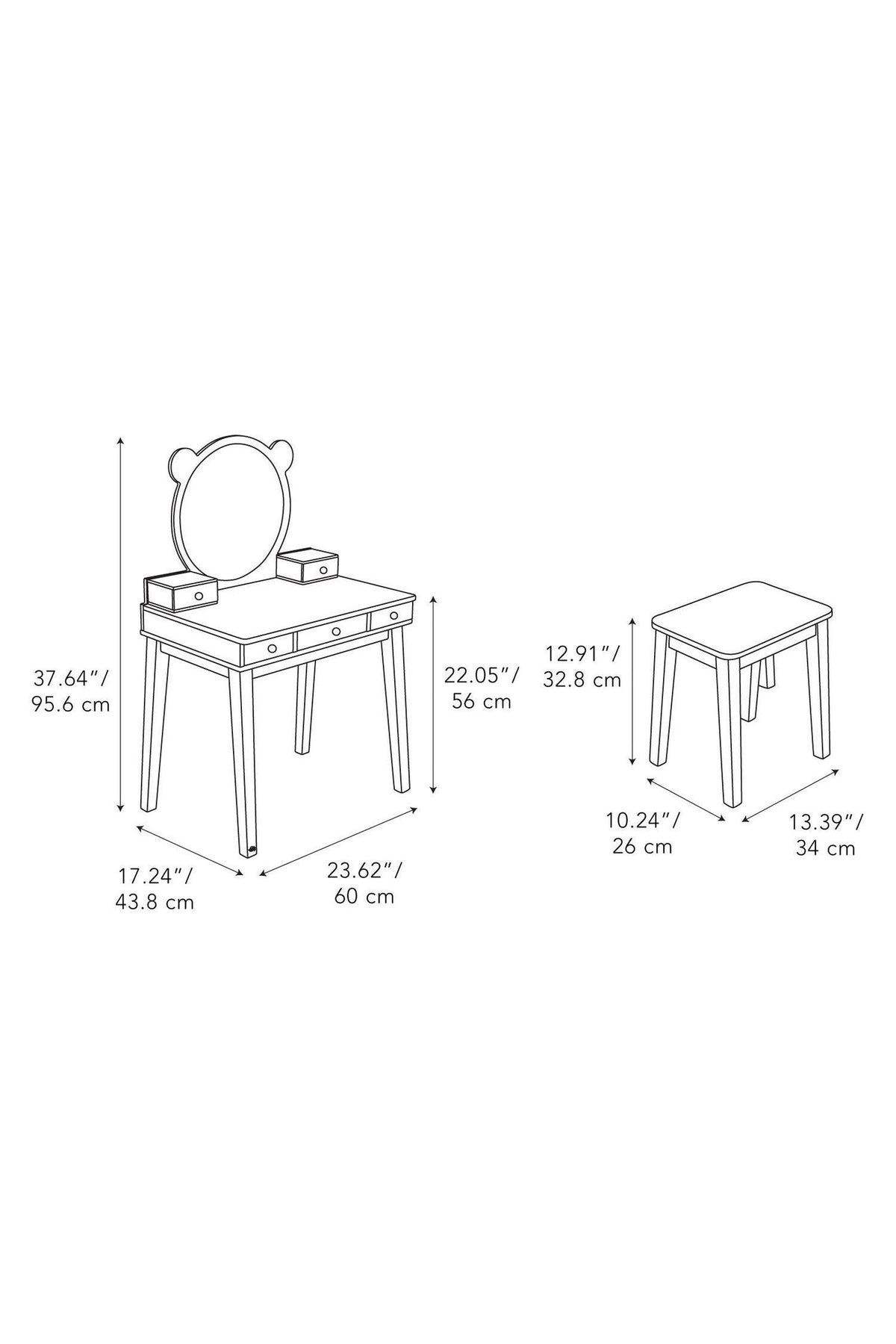 Outline of a dressing table with a round mirror and a stool, featuring five drawers for storage.