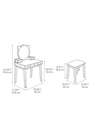 Outline of a dressing table with a round mirror and a stool, featuring five drawers for storage.