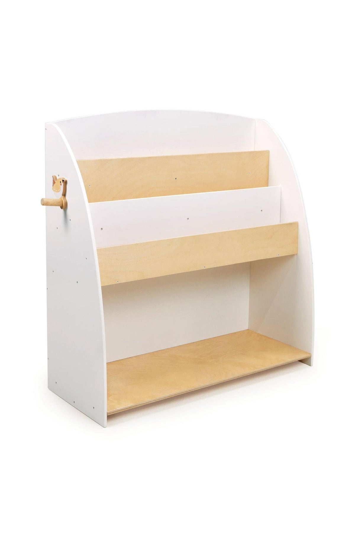A white and natural wood bookshelf with three shelves and a bird-shaped coat hook, designed for toddler use.