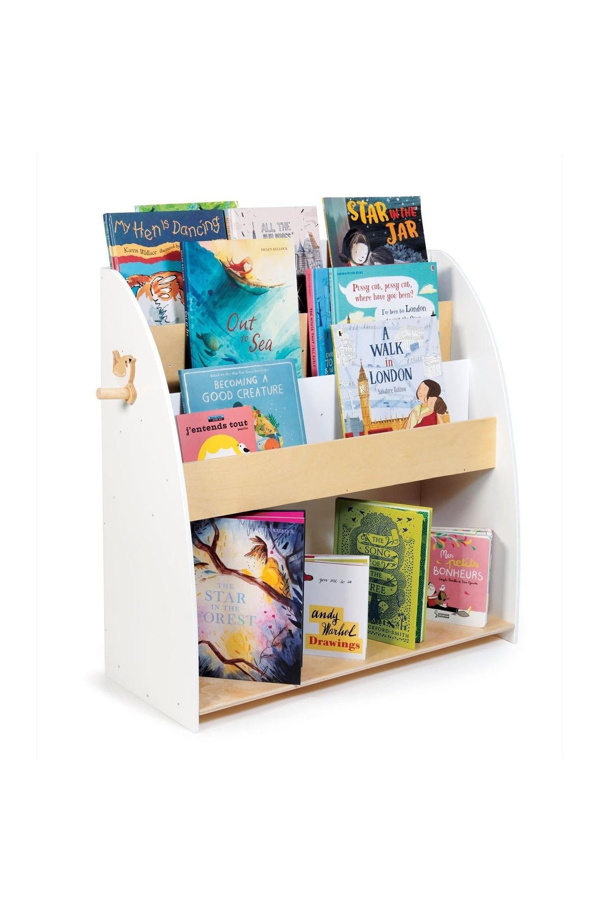 A white and natural wood bookshelf displays colorful childrens books, featuring a small wren coat hook on the side.