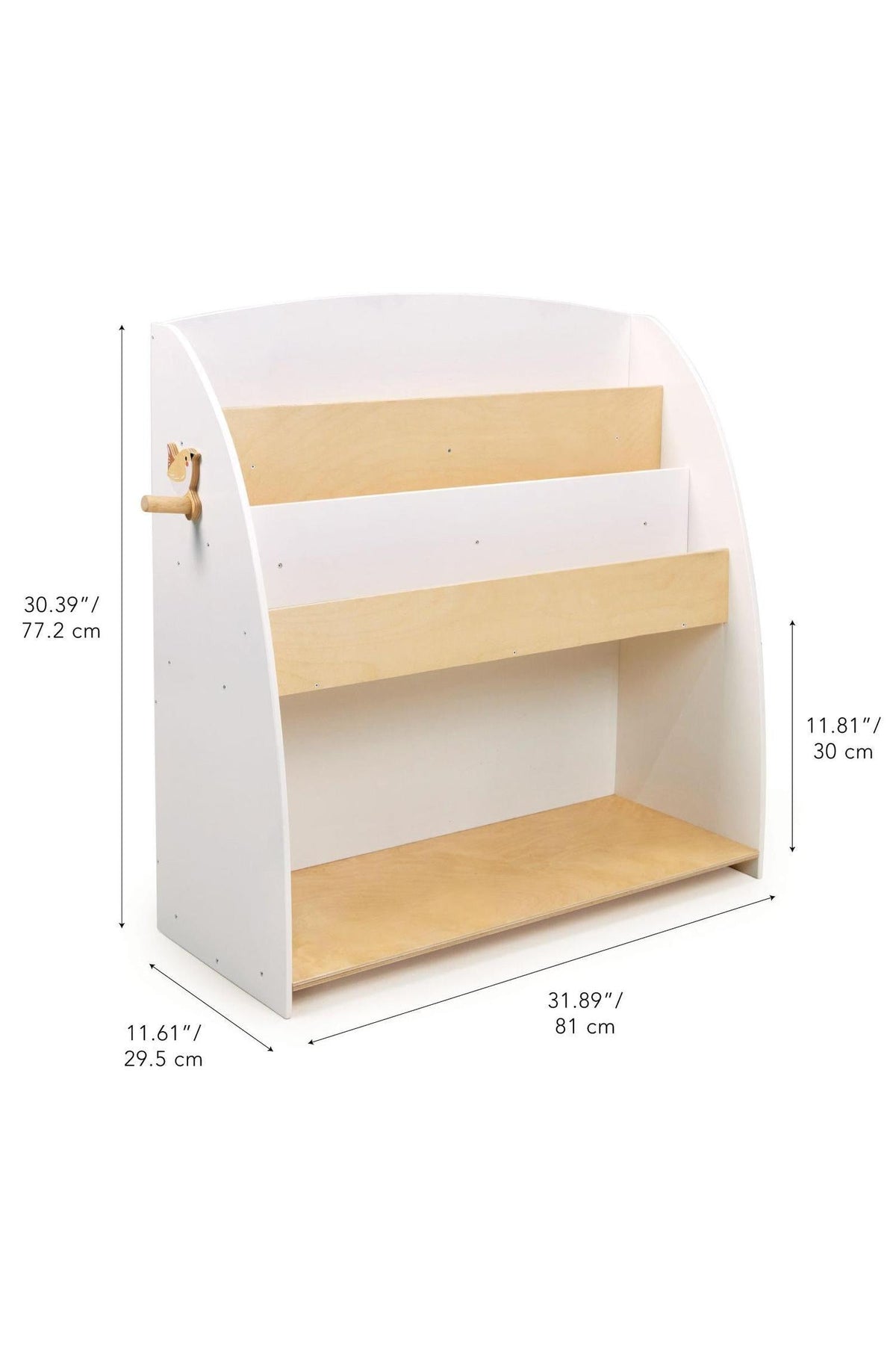 A white and natural wood toddler bookshelf features three shelves and a wren coat hook, designed for displaying books.
