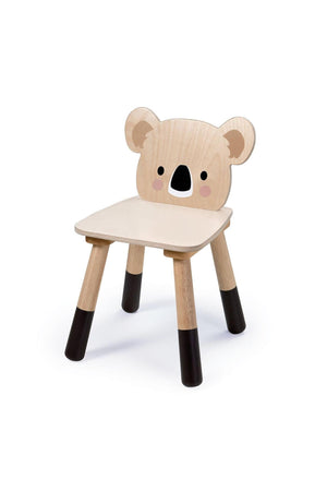 Wooden toddler chair featuring a koala face design with a light-colored seat and sturdy black-tipped legs, perfect for ages 3+.