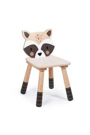 Raccoon-themed toddler chair made from natural plywood, featuring a friendly animal face design and sturdy wooden legs.