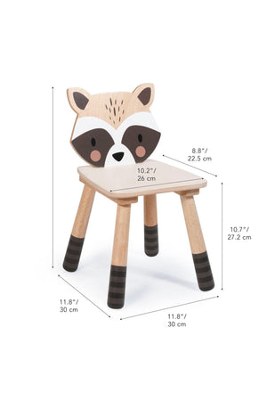 Wooden toddler chair featuring a raccoon design, crafted from sustainable materials. Dimensions include a seat height of 10.7 inches.