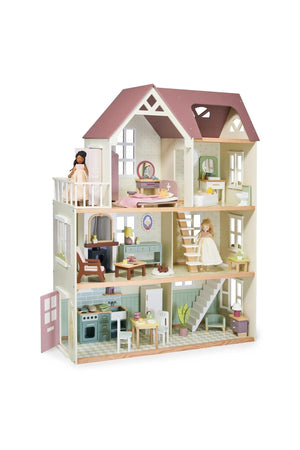 Three-story wooden dollhouse with pink roof, furnished rooms, and two dolls. Sustainable, family-friendly playhouse design.