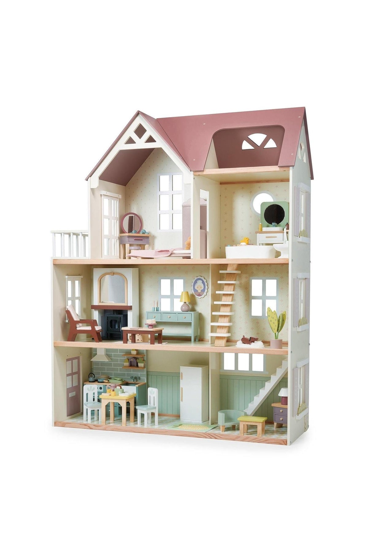 Wooden dollhouse with three floors, pastel colors, detailed furniture, and accessories, crafted for imaginative, sustainable play.