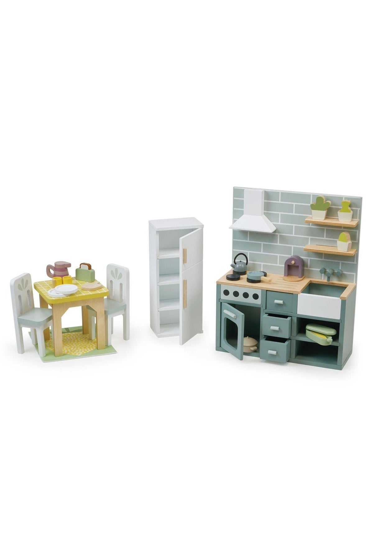 Wooden dollhouse kitchen set with table, chairs, fridge, and stove. Features pastel colors and is eco-friendly.