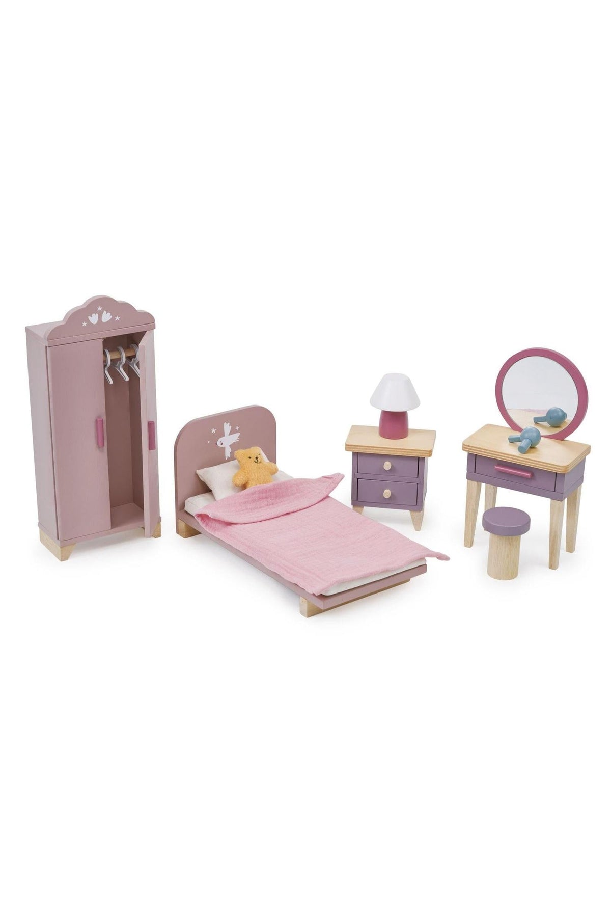 Wooden dollhouse furniture set in pastel colors includes a bed, wardrobe, nightstand, and vanity with mirror.