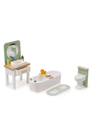 Wooden dollhouse bathroom set with sink, bathtub, and toilet in white and green, featuring a playful duck.
